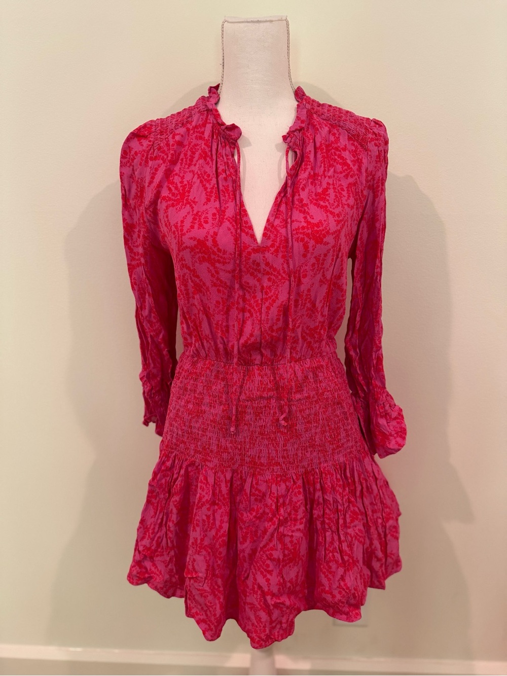Karlie - Women’s Pink Patterned Smocked Waist Long Sleeve Dress